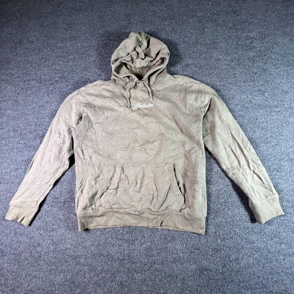 Hollister Mens Fleece Hoodie Taupe Large Embroidered Logo Pullover 322F2476